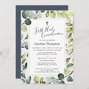 Elegant Eucalyptus Greenery First Heilige Communie Kaart