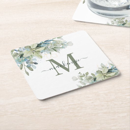 Elegant Eucalyptus Greenery Floral Monogram Kartonnen Onderzetters (Schuin)