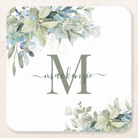 Elegant Eucalyptus Greenery Floral Monogram Kartonnen Onderzetters (Voorkant)