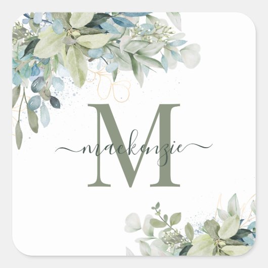 Elegant Eucalyptus Greenery Floral Monogram Vierkante Sticker (Voorkant)