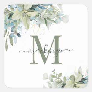 Elegant Eucalyptus Greenery Floral Monogram Vierkante Sticker