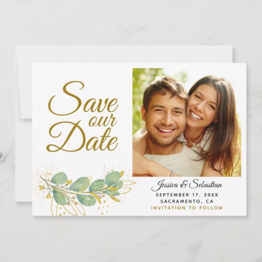 Elegant Eucalyptus Greenery Foto Weddenschap Save The Date (Voorkant)