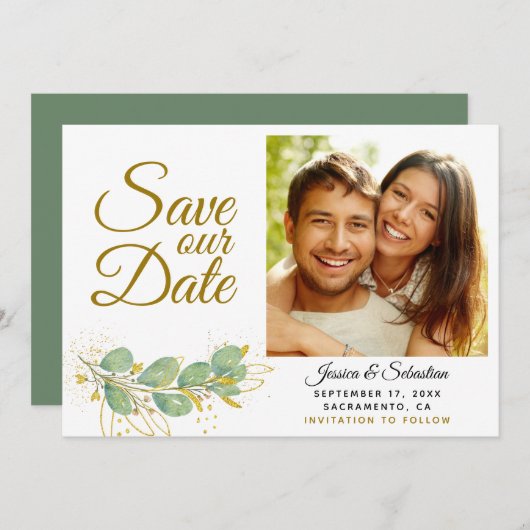 Elegant Eucalyptus Greenery Foto Weddenschap Save The Date (Voorkant / Achterkant)