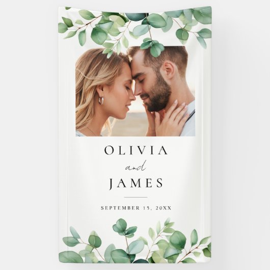 Elegant Eucalyptus Greenery Foto Weduwschap Welkom Spandoek (Verticaal)