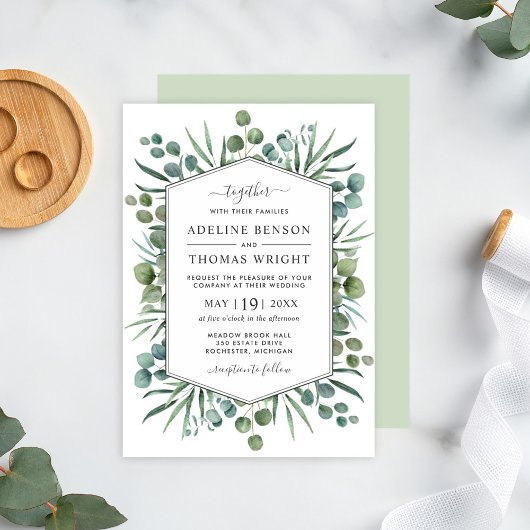 Elegant Eucalyptus Greenery Geometric Wedding Kaart