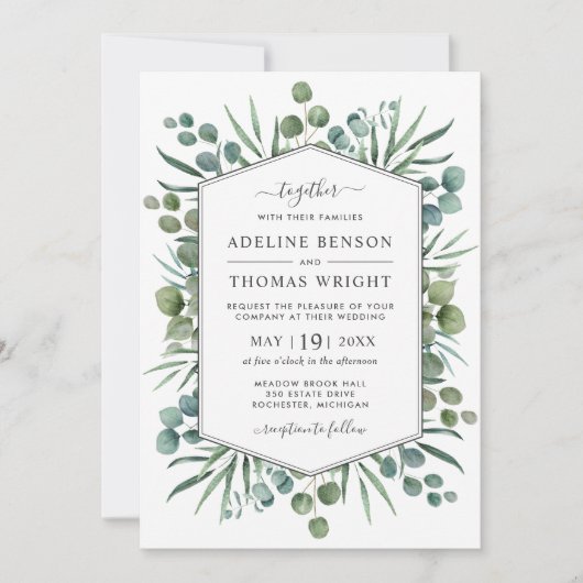 Elegant Eucalyptus Greenery Geometric Wedding Kaart (Voorkant)