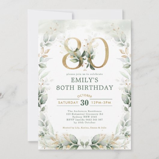Elegant Eucalyptus Greenery Gold 80th Birthday Kaart (Voorkant)