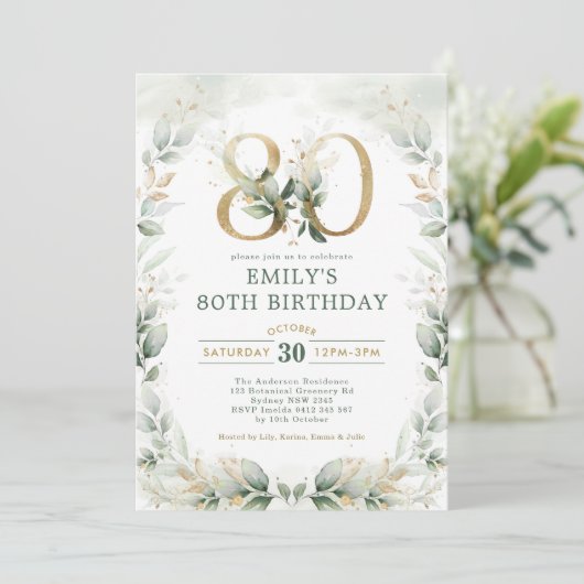 Elegant Eucalyptus Greenery Gold 80th Birthday Kaart (Staand voorkant)