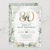 Elegant Eucalyptus Greenery Gold 80th Birthday Kaart (Voorkant / Achterkant)