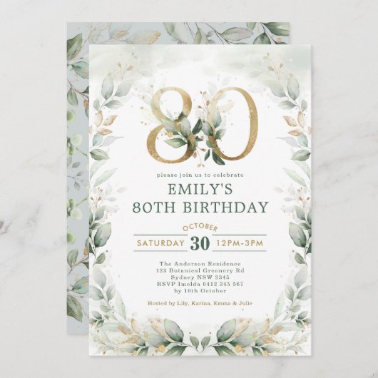 Elegant Eucalyptus Greenery Gold 80th Birthday Kaart (Voorkant / Achterkant)