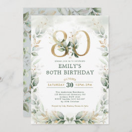 Elegant Eucalyptus Greenery Gold 80th Birthday Kaart