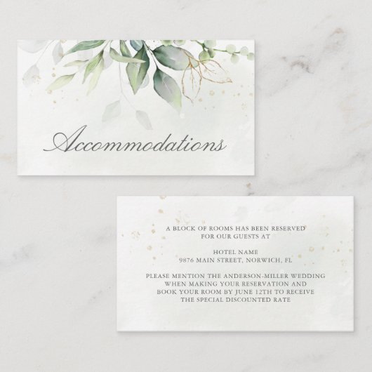 Elegant Eucalyptus Greenery Gold Accommodatie Informatiekaartje (Voorkant / Achterkant)