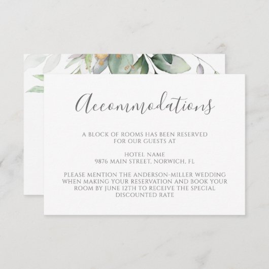 Elegant Eucalyptus Greenery Gold Accommodations Informatiekaartje (Voorkant / Achterkant)