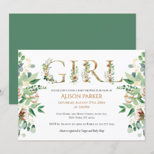 Elegant Eucalyptus Greenery Gold Baby Girl Shower Kaart