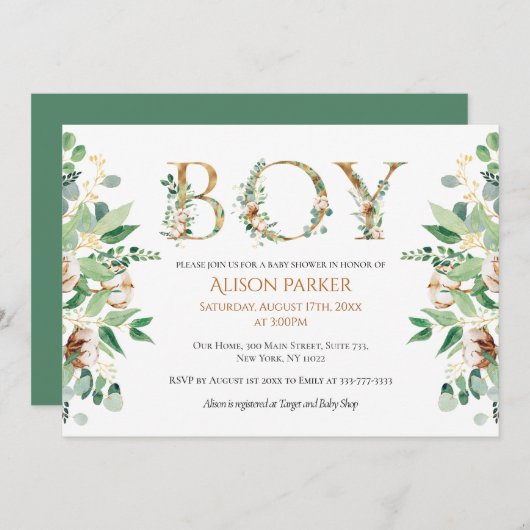 Elegant Eucalyptus Greenery Gold Baby Shower Kaart (Voorkant / Achterkant)