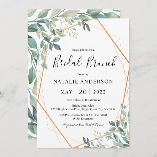 Elegant Eucalyptus Greenery Gold Bridal Brunch Kaart (Voorkant / Achterkant)