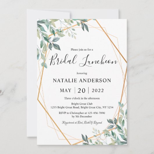 Elegant Eucalyptus Greenery Gold Bridal Luncheon Kaart (Voorkant)