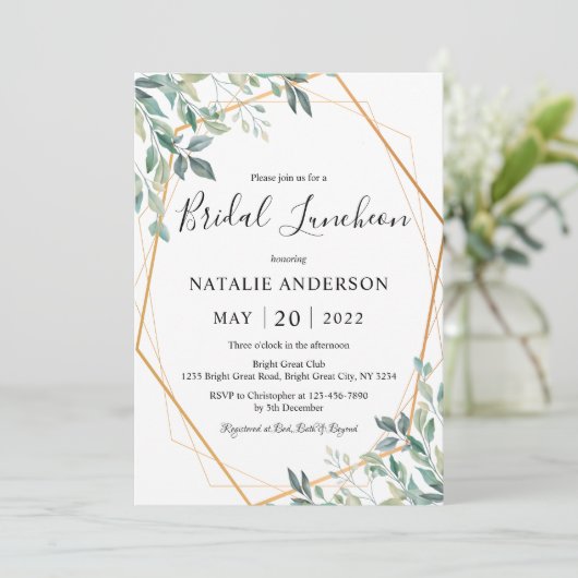 Elegant Eucalyptus Greenery Gold Bridal Luncheon Kaart (Staand voorkant)