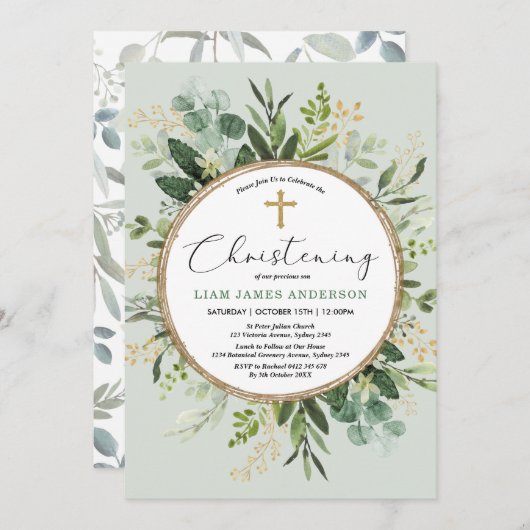 Elegant Eucalyptus Greenery Gold Christening Kaart (Voorkant / Achterkant)