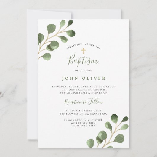Elegant eucalyptus greenery Gold cross Baptisme Kaart (Voorkant)