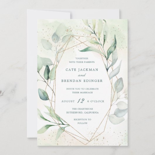 Elegant Eucalyptus Greenery Gold Geometric Wedding Kaart (Voorkant)
