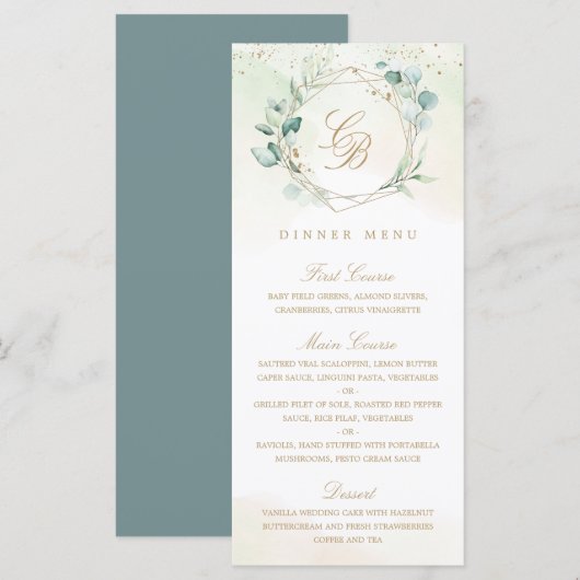 Elegant Eucalyptus Greenery Gold Geometric Wedding Menu (Voorkant / Achterkant)