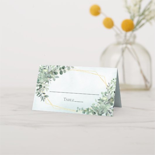 Elegant Eucalyptus Greenery Gold Geometric Wedding Plaatskaartje (Voorkant)