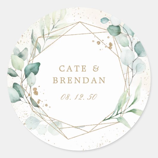 Elegant Eucalyptus Greenery Gold Geometric Wedding Ronde Sticker (Voorkant)