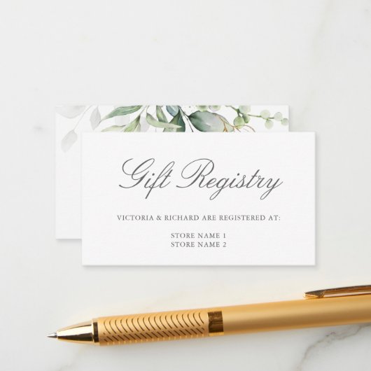 Elegant Eucalyptus Greenery Gold Gift Registry Informatiekaartje (Voorkant / Achterkant in situ)