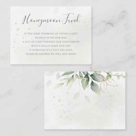 Elegant Eucalyptus Greenery Gold Honeymoon Fund Informatiekaartje (Voorkant / Achterkant)