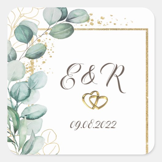 Elegant Eucalyptus Greenery Gold Lijst Wedding Vierkante Sticker (Voorkant)