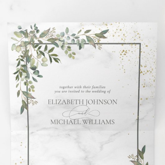 Elegant Eucalyptus Greenery Gold Marble Photo Drieluik Uitnodiging (Binnenzijde eerst)
