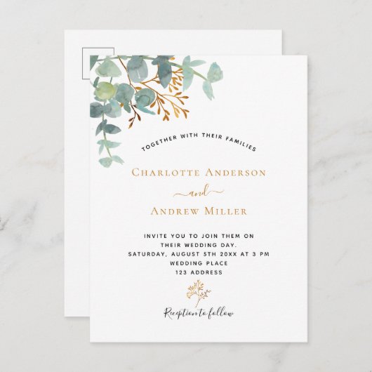 Elegant eucalyptus greenery Gold moderne bruiloft Briefkaart (Voorkant / Achterkant)