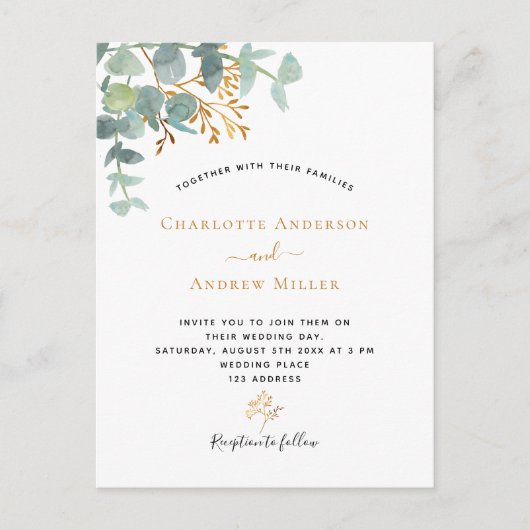 Elegant eucalyptus greenery Gold moderne bruiloft Briefkaart (Voorkant)