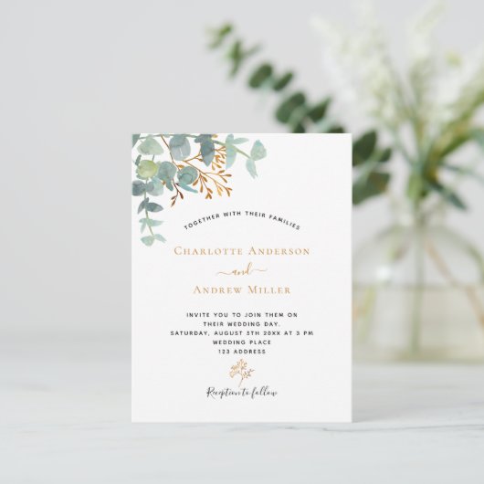 Elegant eucalyptus greenery Gold moderne bruiloft Briefkaart (Staand voorkant)