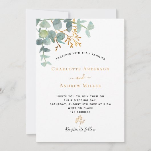 Elegant eucalyptus greenery Gold moderne bruiloft Kaart (Voorkant)