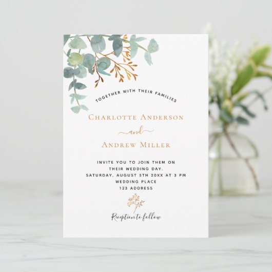 Elegant eucalyptus greenery Gold moderne bruiloft Kaart (Staand voorkant)