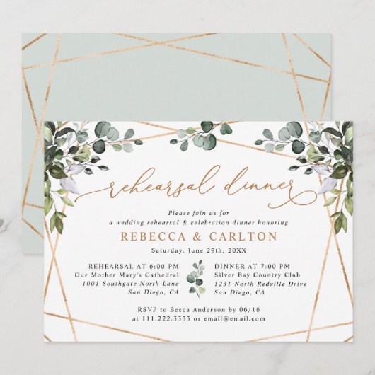 Elegant Eucalyptus Greenery Gold Rehearsal Dinner Kaart (Voorkant / Achterkant)