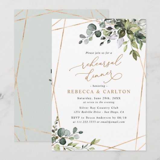 Elegant Eucalyptus Greenery Gold Rehearsal Dinner Kaart (Voorkant / Achterkant)