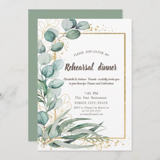 Elegant Eucalyptus Greenery Gold Rehearsal Dinner Kaart (Voorkant / Achterkant)