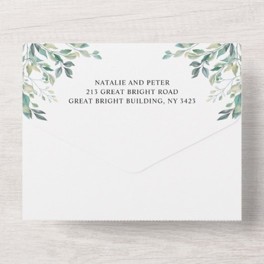 Elegant Eucalyptus Greenery Gold Rustic Wedding All In One Uitnodiging (Achterkant)