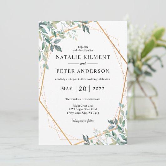 Elegant Eucalyptus Greenery Gold Rustic Wedding Kaart (Staand voorkant)