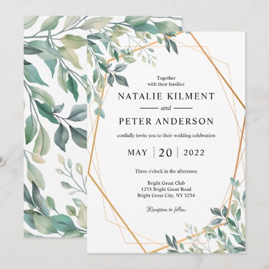 Elegant Eucalyptus Greenery Gold Rustic Wedding Kaart (Voorkant / Achterkant)