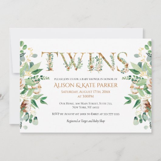Elegant Eucalyptus Greenery Gold Twin Baby shower Kaart (Voorkant)