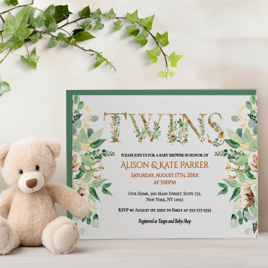 Elegant Eucalyptus Greenery Gold Twin Baby shower Kaart