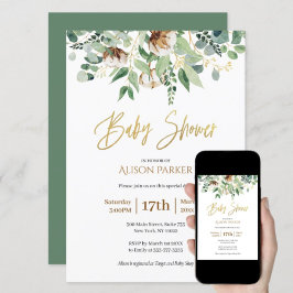 Elegant Eucalyptus Greenery Gold Typografie Baby Kaart