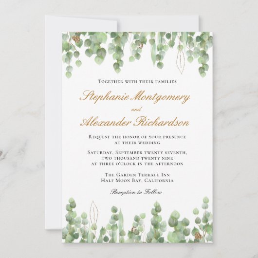 Elegant Eucalyptus Greenery Gold Wedding Kaart (Voorkant)