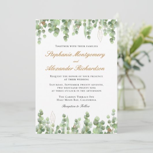 Elegant Eucalyptus Greenery Gold Wedding Kaart (Staand voorkant)