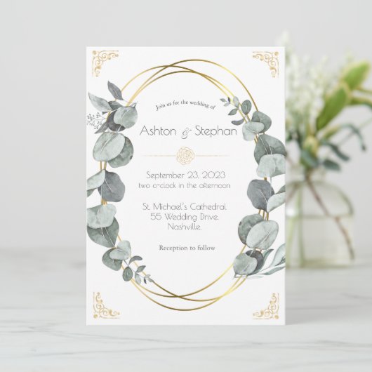 Elegant Eucalyptus Greenery Gold Wedding Kaart (Staand voorkant)