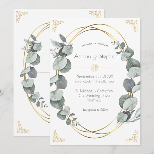 Elegant Eucalyptus Greenery Gold Wedding Kaart (Voorkant / Achterkant)